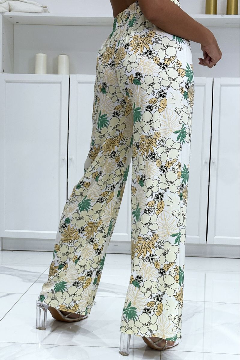 Beige palazzo pants with flower and leaf pattern - 1