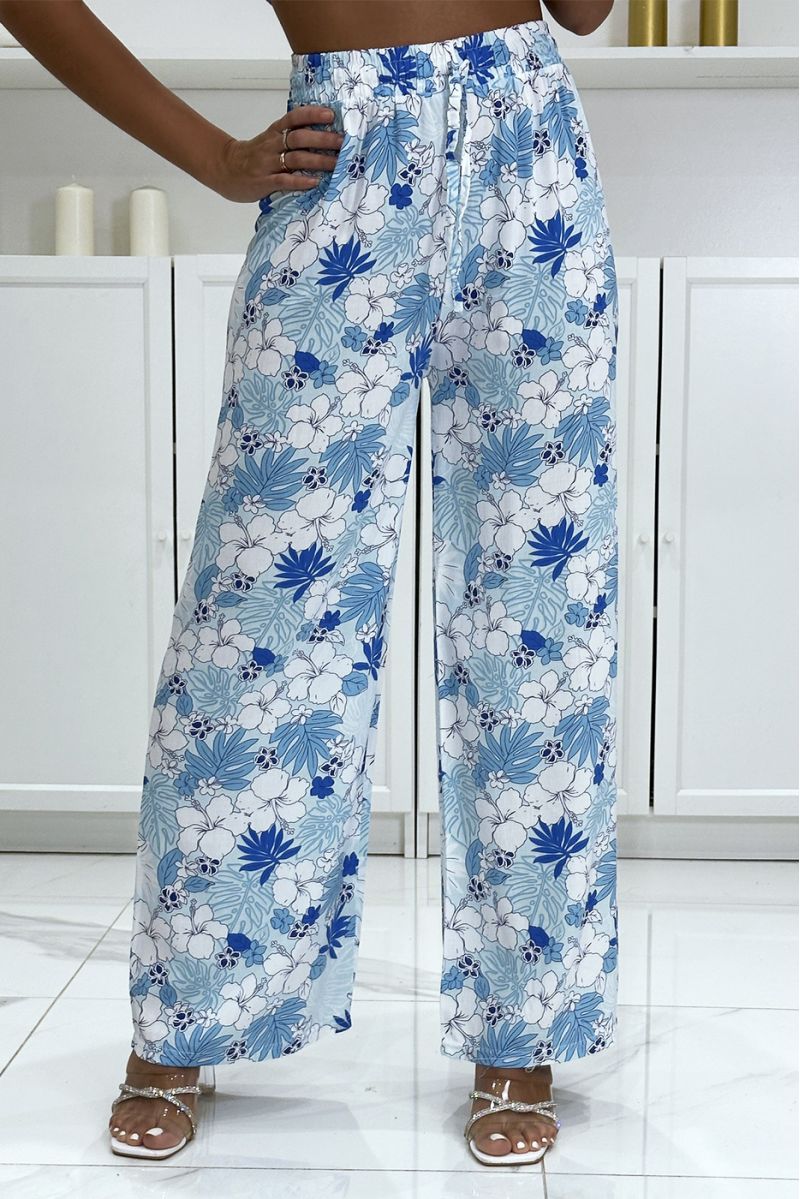 Turquoise palazzo trousers with flower and leaf pattern - 2