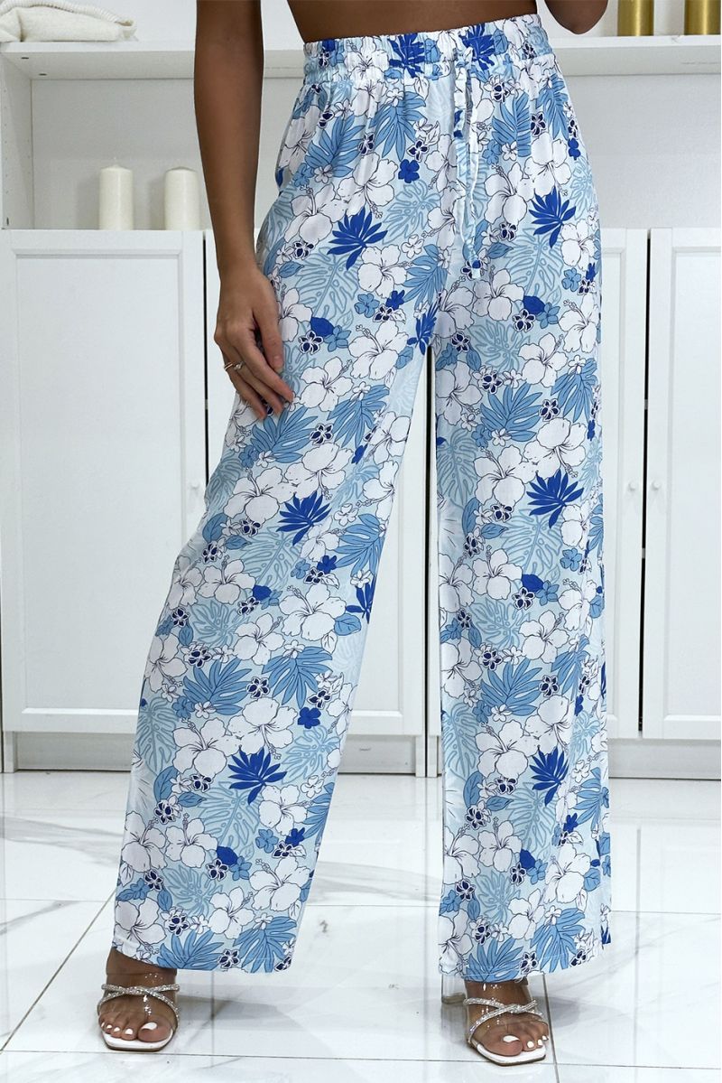 Turquoise palazzo trousers with flower and leaf pattern - 3