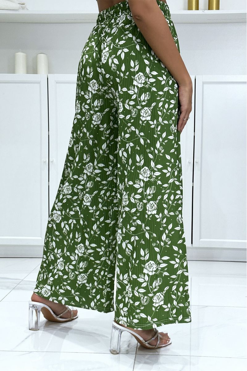 Pantalon palazzo plissé vert motif fleuris très tendance - 1