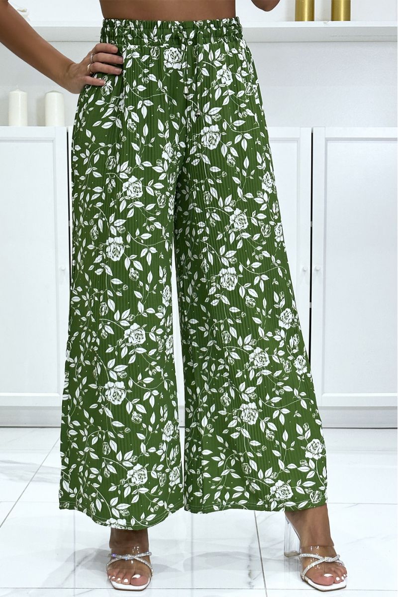 Pantalon palazzo plissé vert motif fleuris très tendance - 2