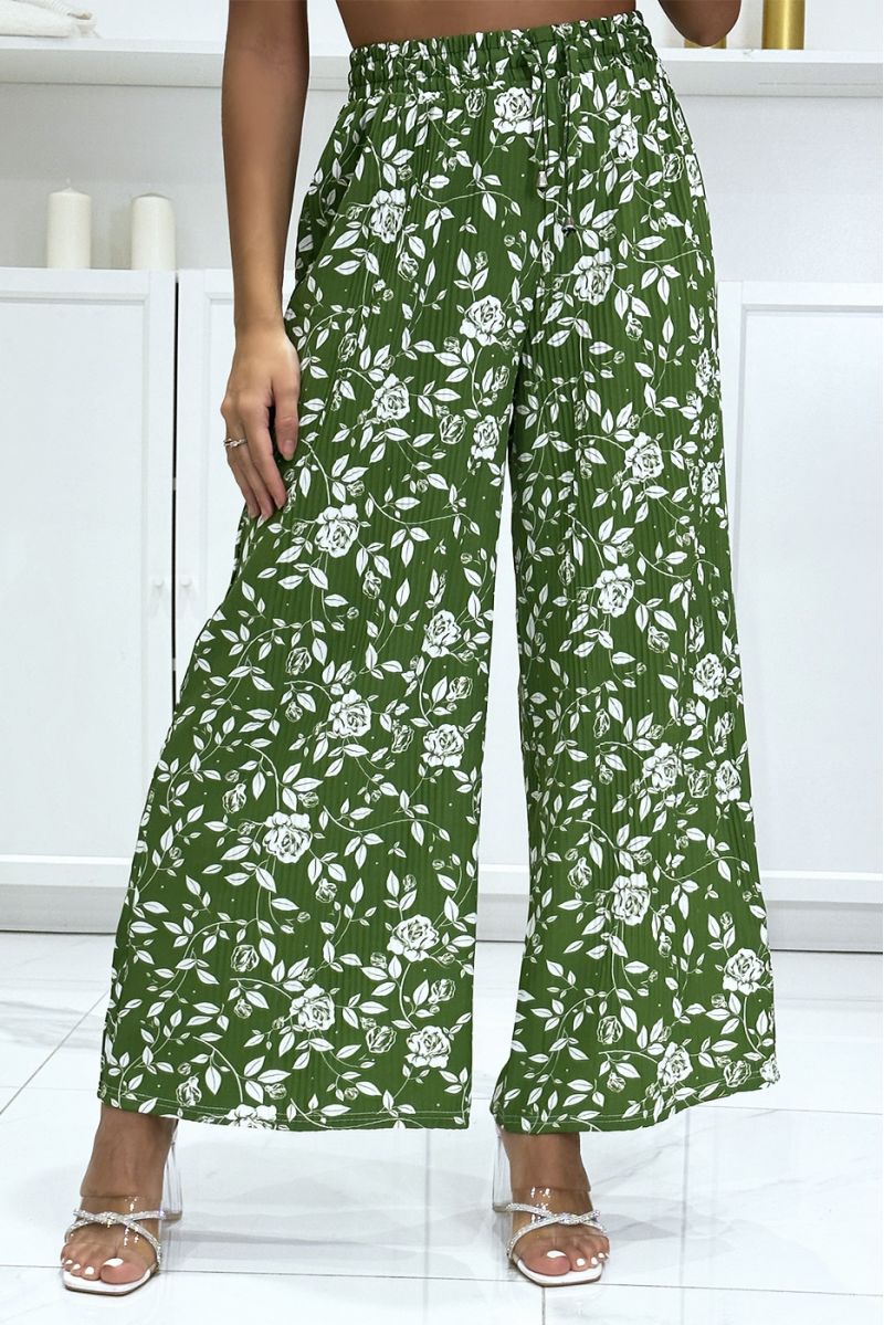 Pantalon palazzo plissé vert motif fleuris très tendance - 3