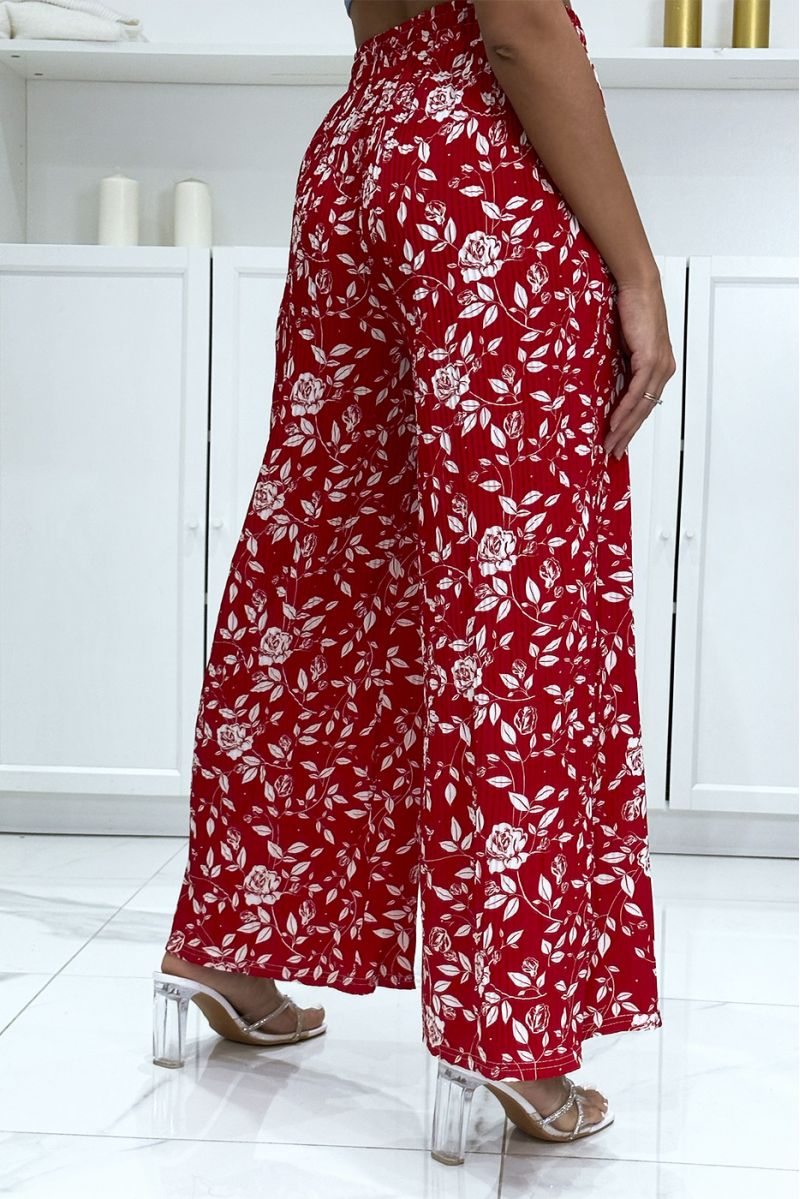 Pantalon palazzo plissé rouge motif fleuris très tendance - 1