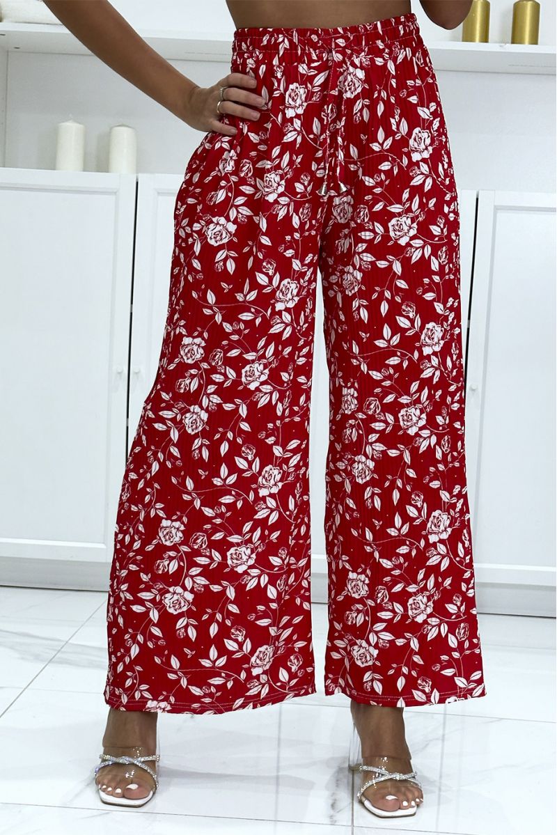 Pantalon palazzo plissé rouge motif fleuris très tendance - 2