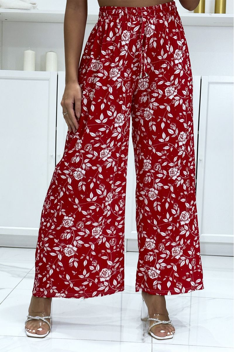 Pantalon palazzo plissé rouge motif fleuris très tendance - 3