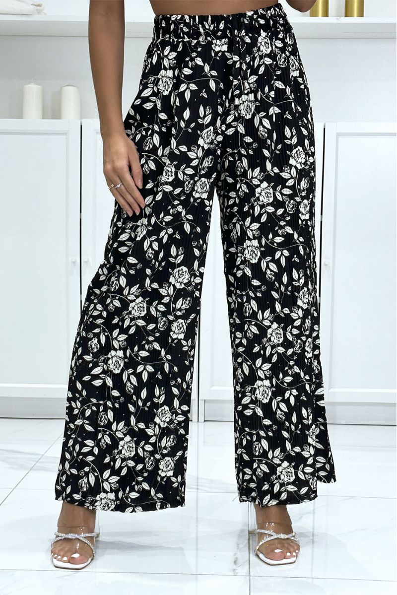 Pantalon palazzo plissé noir motif fleuris très tendance - 2