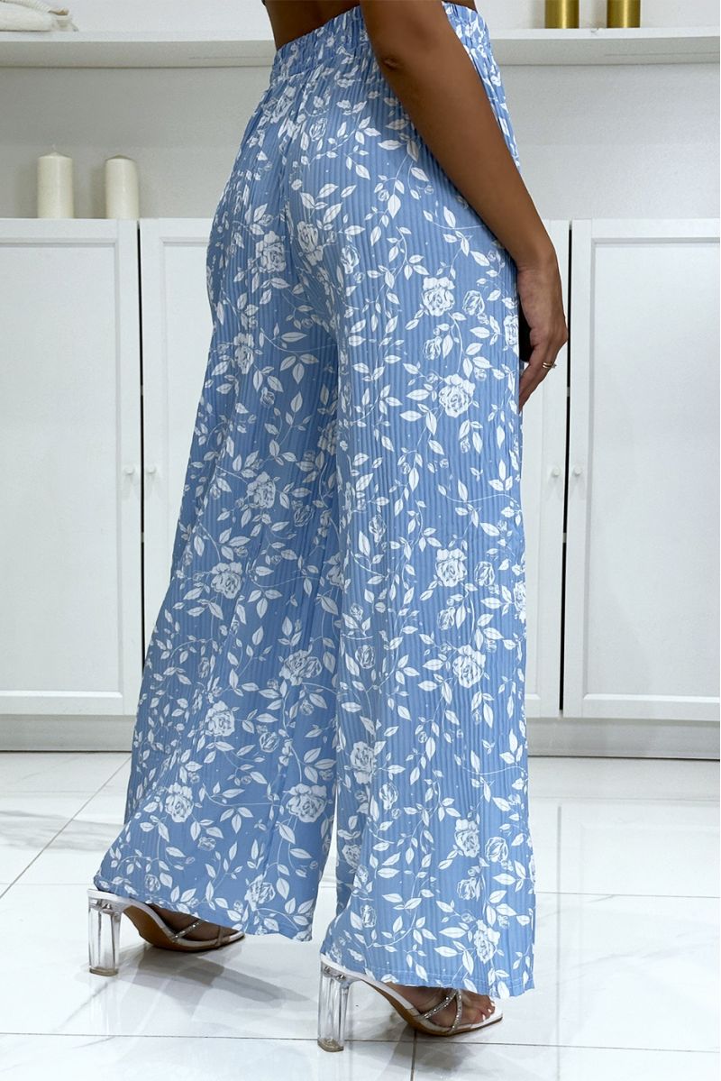 Turquoise pleated palazzo pants with very trendy floral pattern - 1