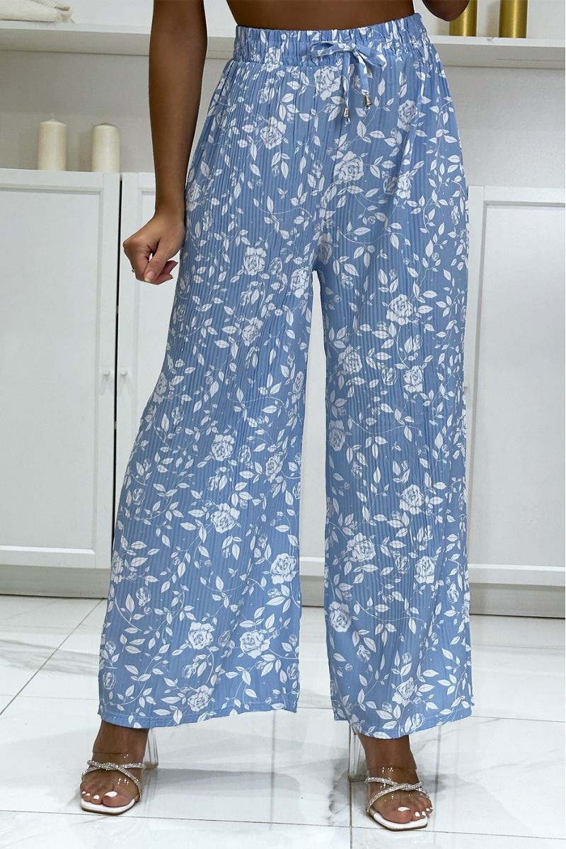 Turquoise pleated palazzo pants with very trendy floral pattern - 2