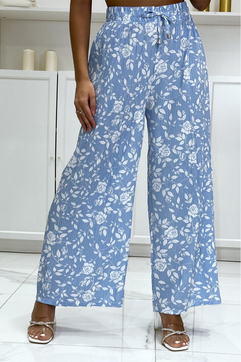 Pantalon palazzo plissé turquoise motif fleuris très tendance - 3