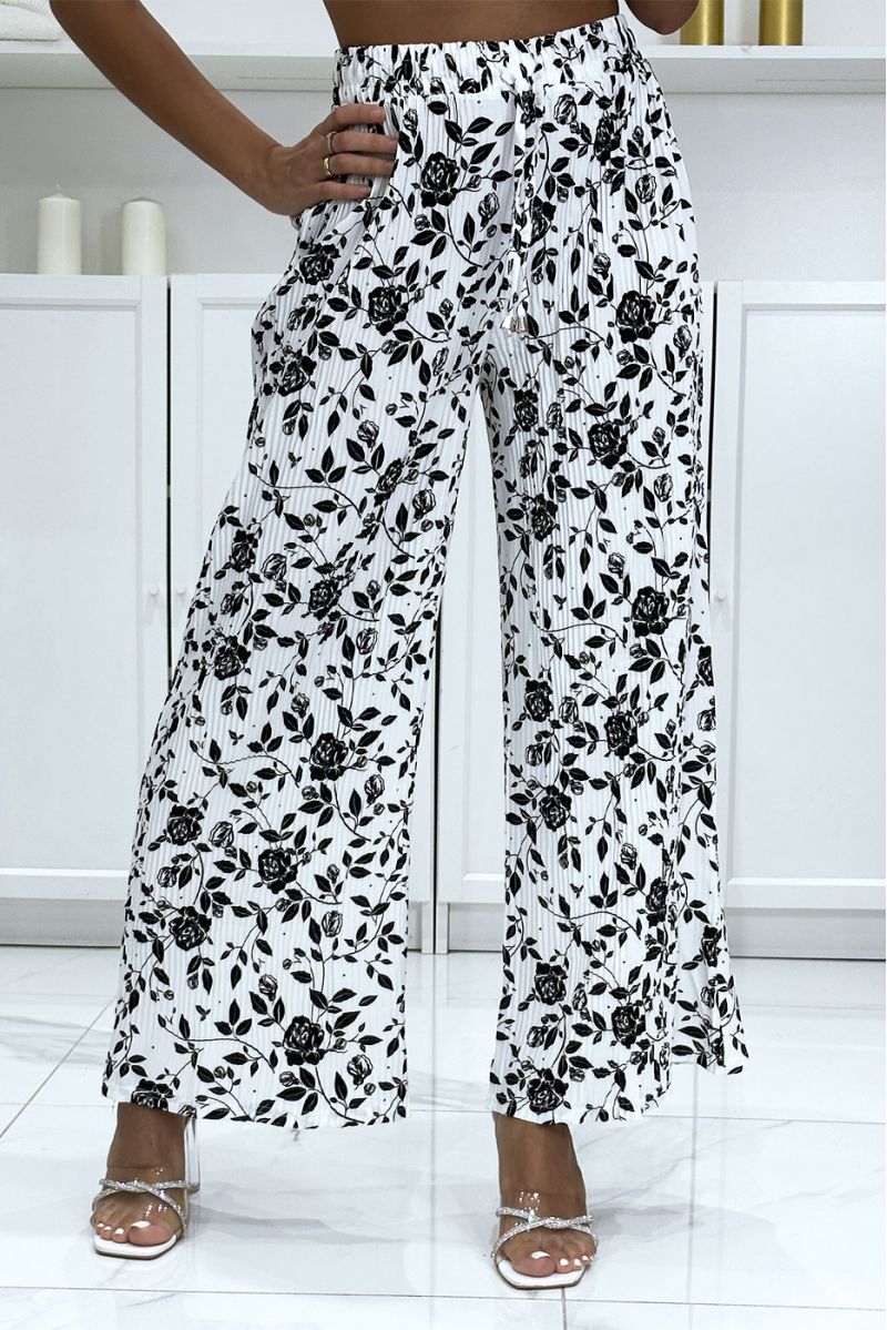 White pleated palazzo pants with trendy floral pattern - 2