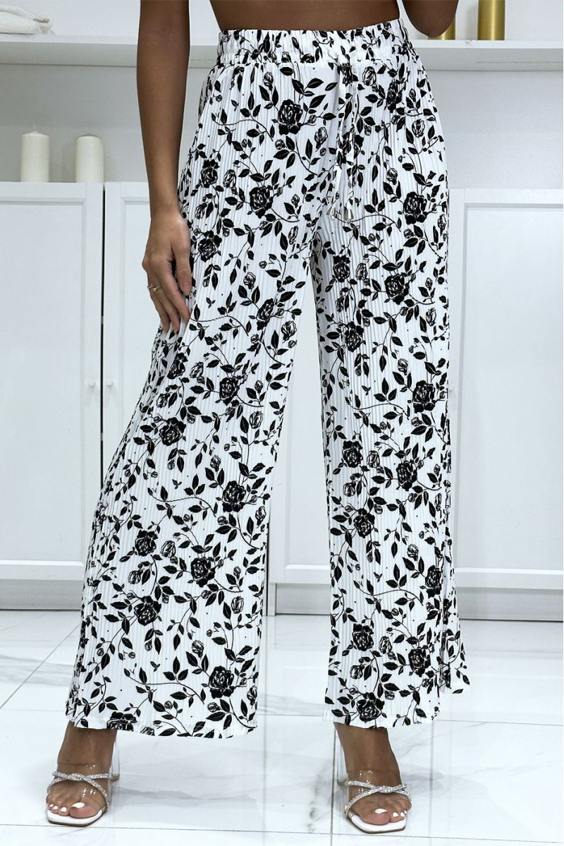 White pleated palazzo pants with trendy floral pattern - 3