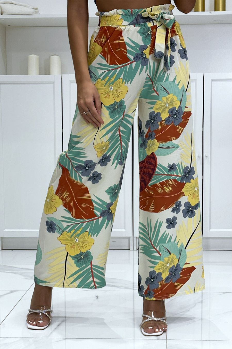 Tropical Botanical Print Paperbag Waist Wide Leg Pants –