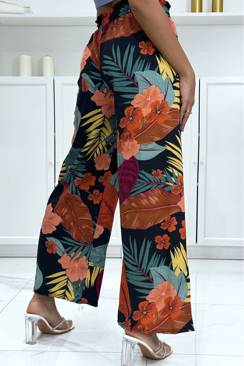 Pantalon palazzo fleuris noir motif fleure - 1