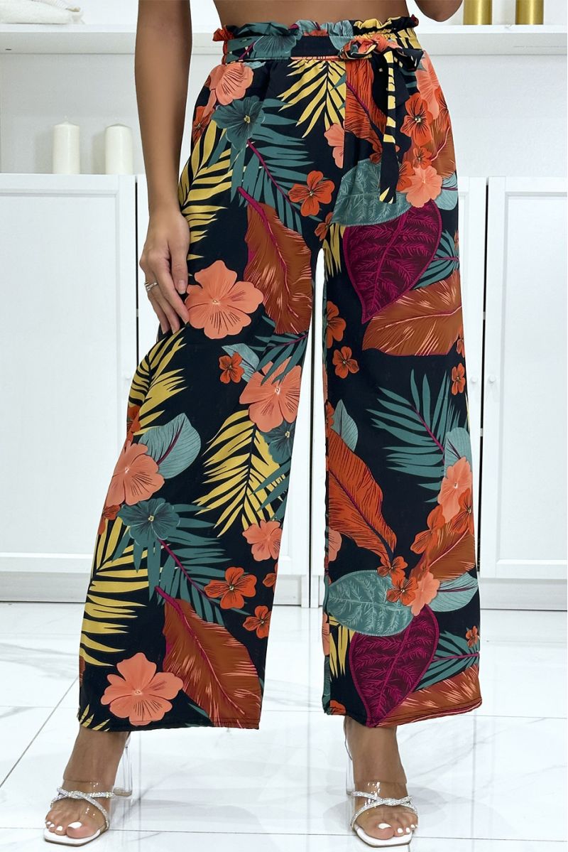 Pantalon palazzo fleuris noir motif fleure - 3
