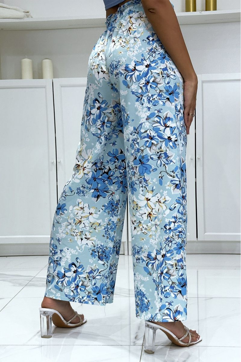 Turquoise floral palazzo pants with flower pattern - 1