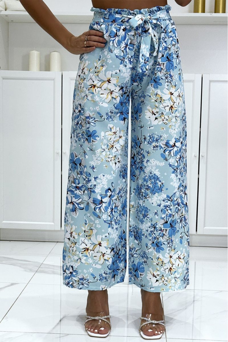 Pantalon palazzo fleuris turquoise motif fleure - 2