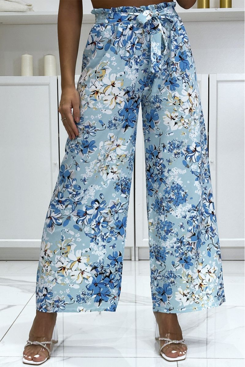 Turquoise floral palazzo pants with flower pattern - 3