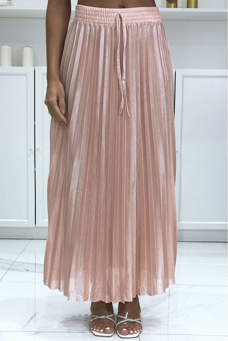 Long, very chic pink satin pleated skirt - 3