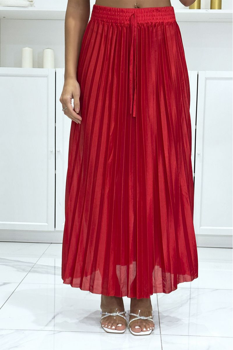 Longue jupe plissé satiné rouge très chic - 3