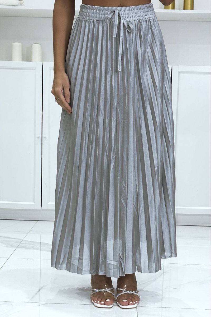 Longue jupe plissé satiné gris très chic - 3