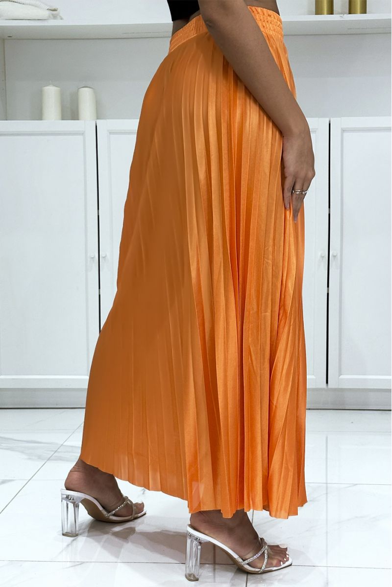 Longue jupe plissé satiné orange très chic - 1
