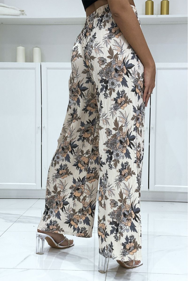 Beige pleated palazzo pants with floral pattern - 1