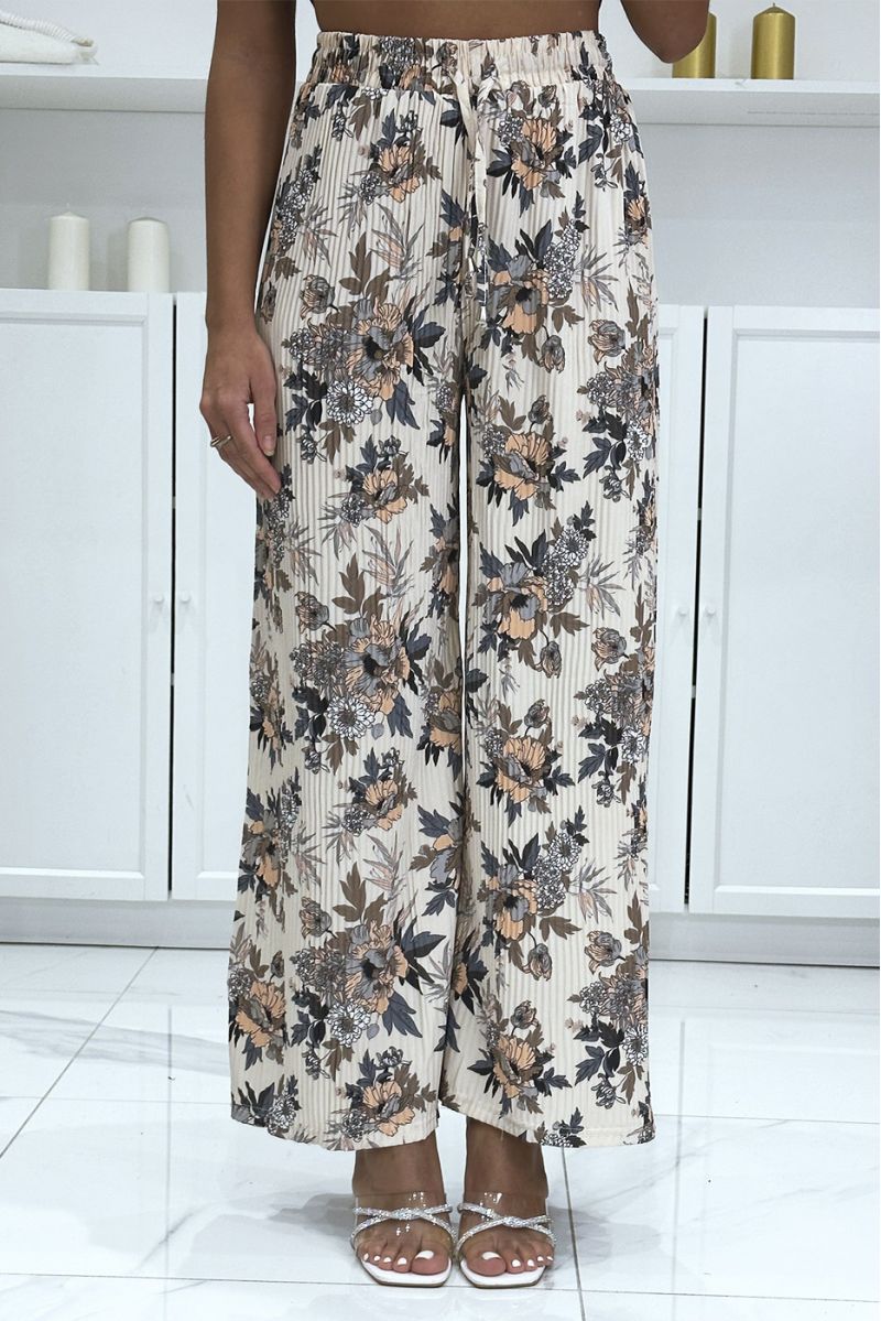 Beige pleated palazzo pants with floral pattern - 2