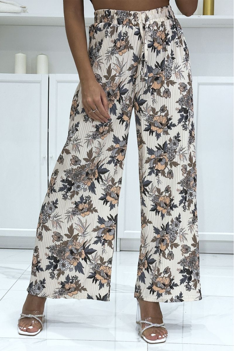 Beige pleated palazzo pants with floral pattern - 3