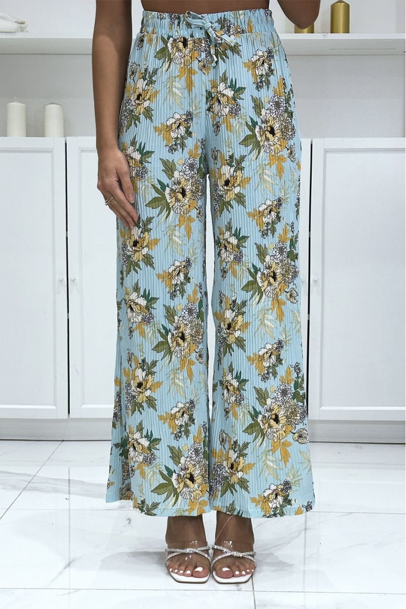 Turquoise pleated palazzo pants with floral pattern - 2