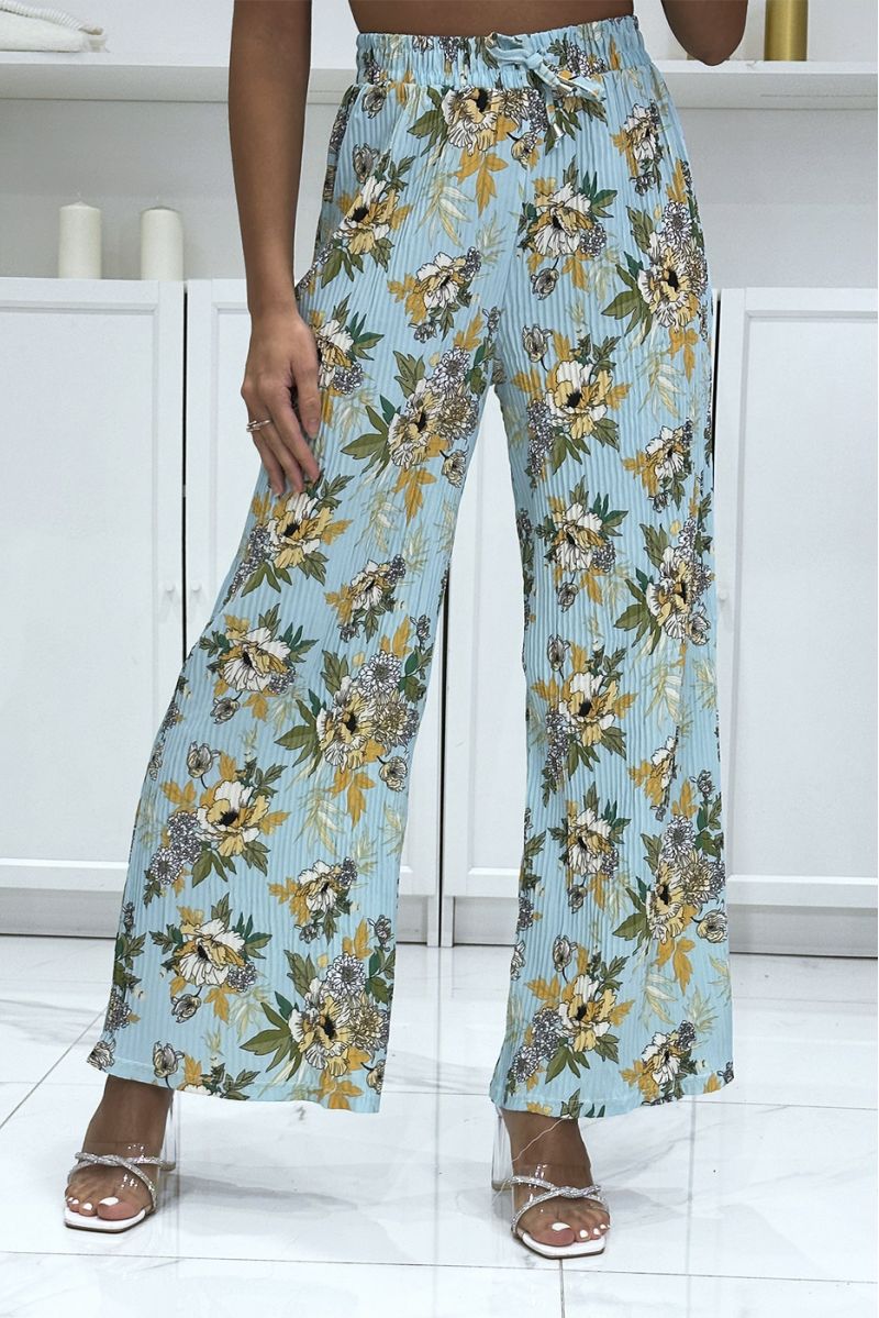 Turquoise pleated palazzo pants with floral pattern - 3