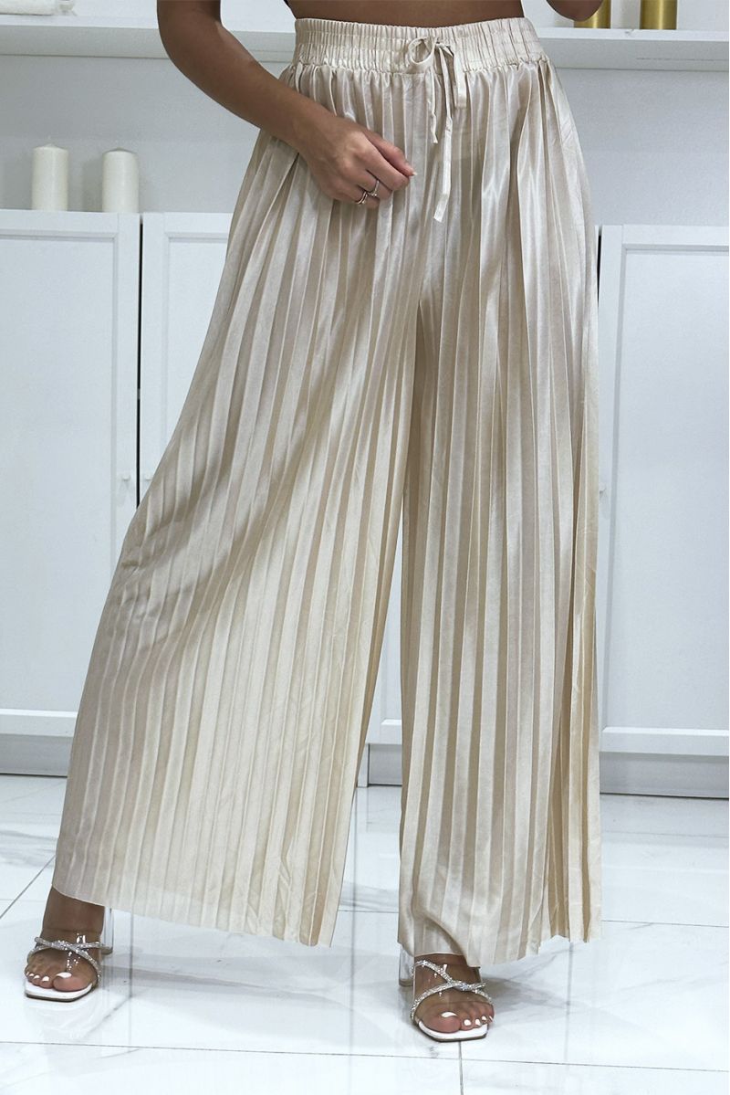 Satiny beige pleated palazzo pants