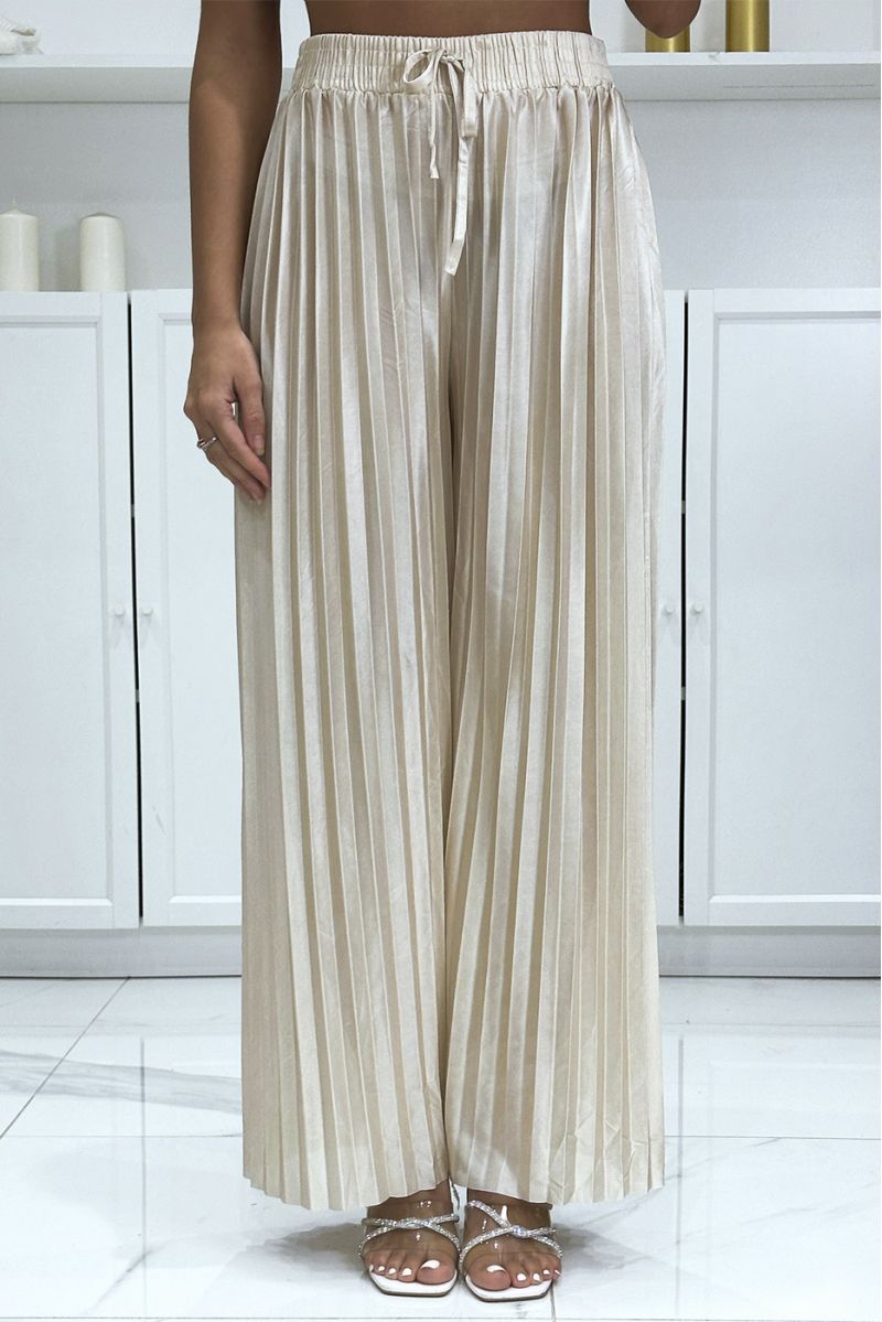 Satiny beige pleated palazzo pants
