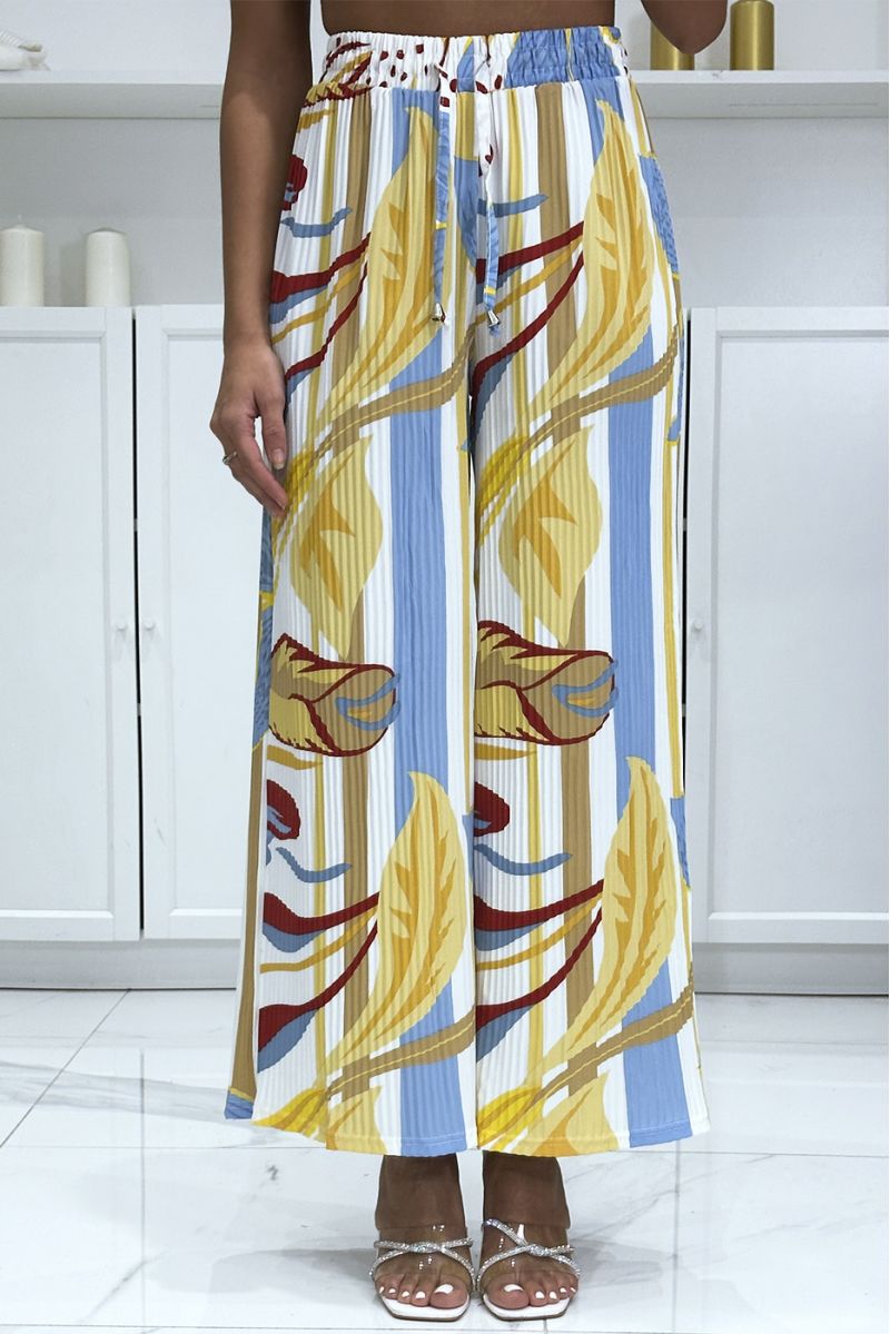 Turquoise pleated palazzo pants with pattern - 2