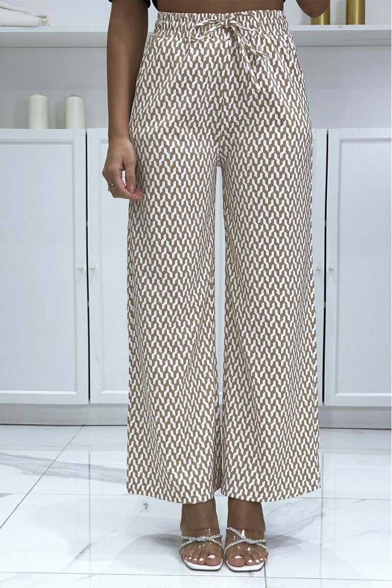Pantalon palazzo très chic motif beige et blanc - 3