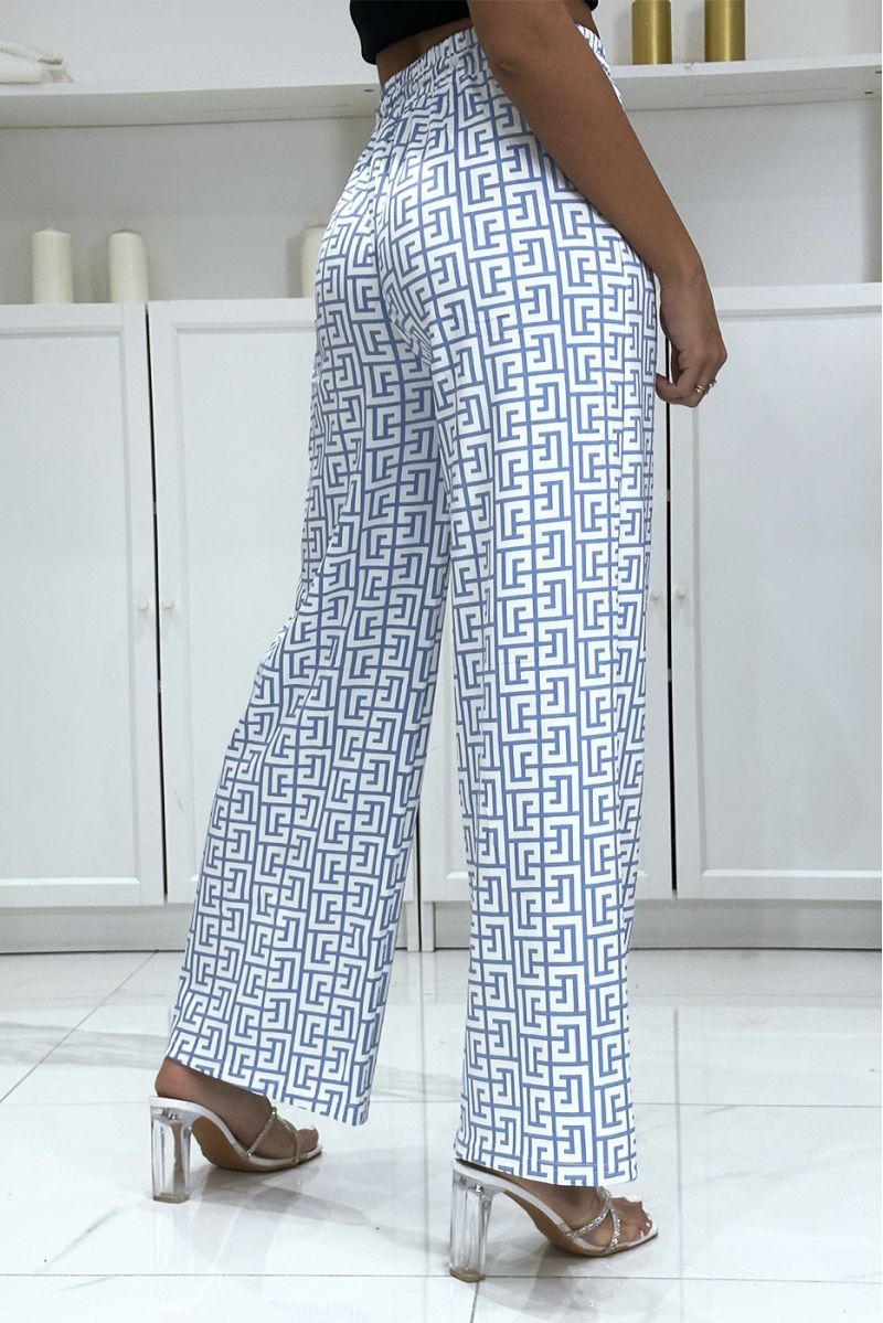 Brand-inspired blue and white pattern palazzo pants - 1