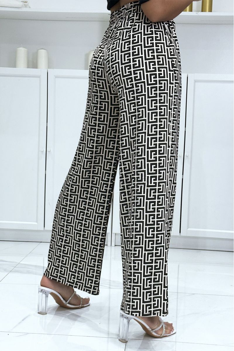 Brand-inspired black and beige pattern palazzo pants - 1