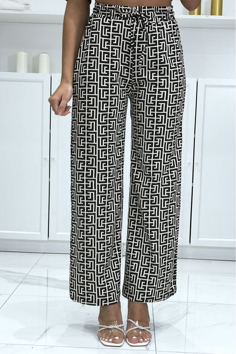 Brand-inspired black and beige pattern palazzo pants - 2