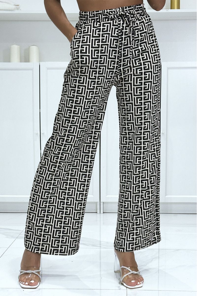 Brand-inspired black and beige pattern palazzo pants - 3
