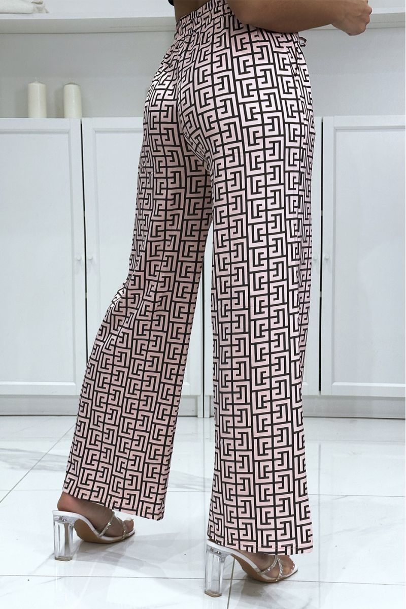 Op het merk geïnspireerde palazzo-broek met roze en zwart patroon - 1
