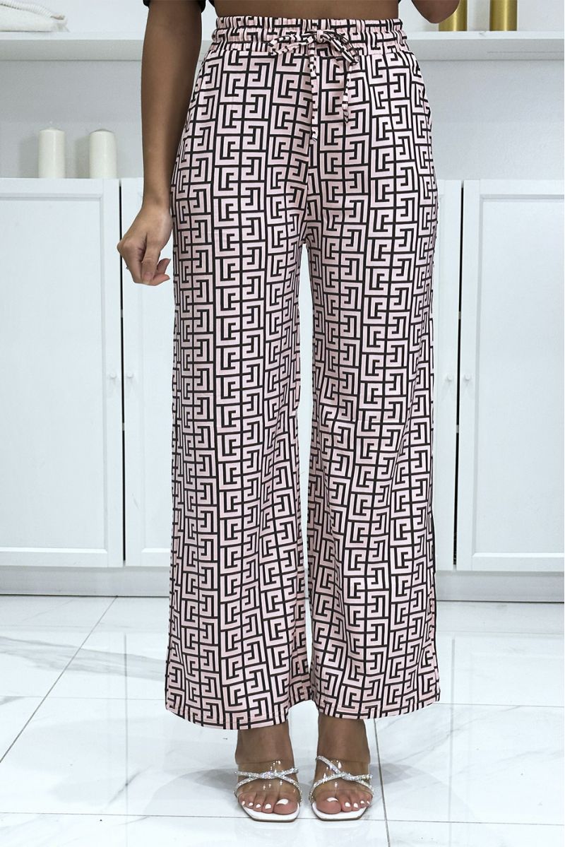 Op het merk geïnspireerde palazzo-broek met roze en zwart patroon - 2