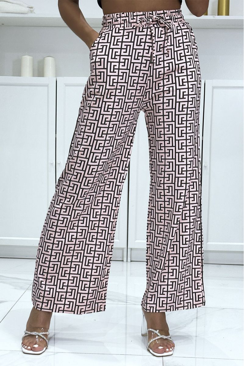Op het merk geïnspireerde palazzo-broek met roze en zwart patroon - 3