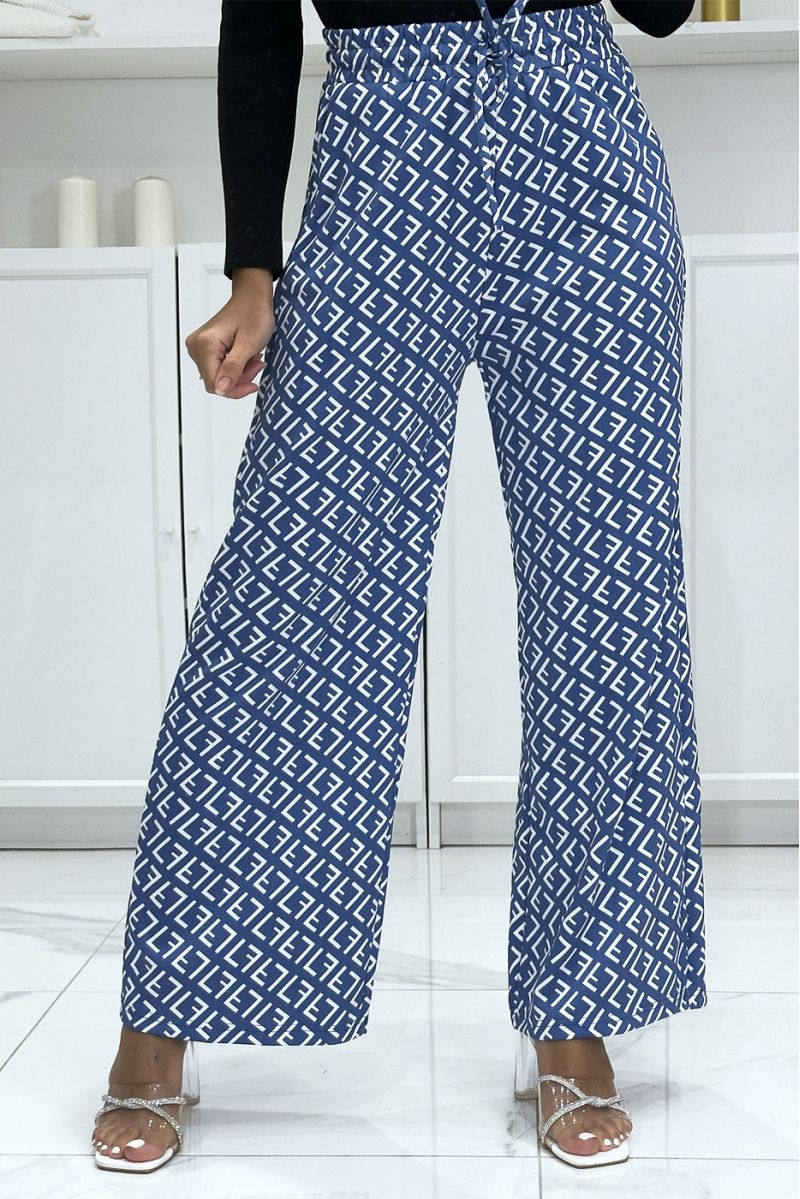 Pantalon palazzo motif F bleu et noir inspiration de marque - 3