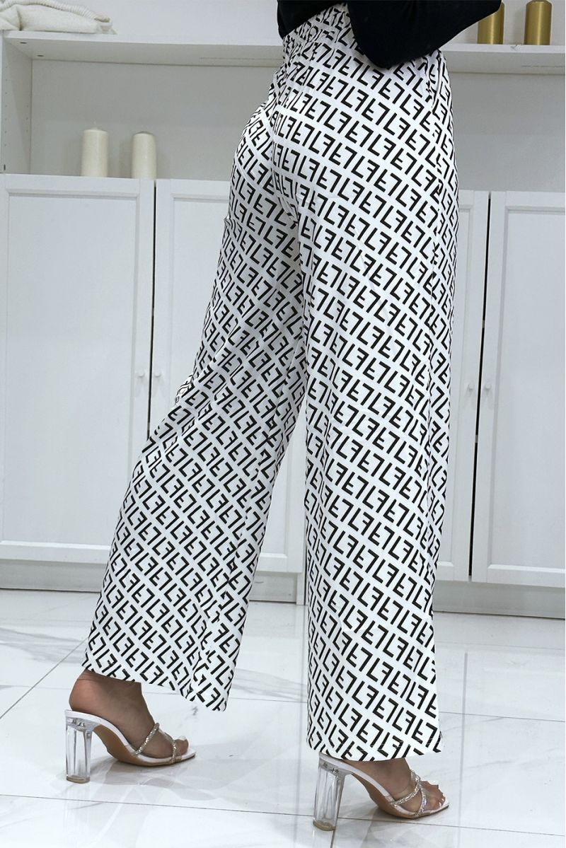 Pantalon palazzo motif F blanc et noir inspiration de marque - 1