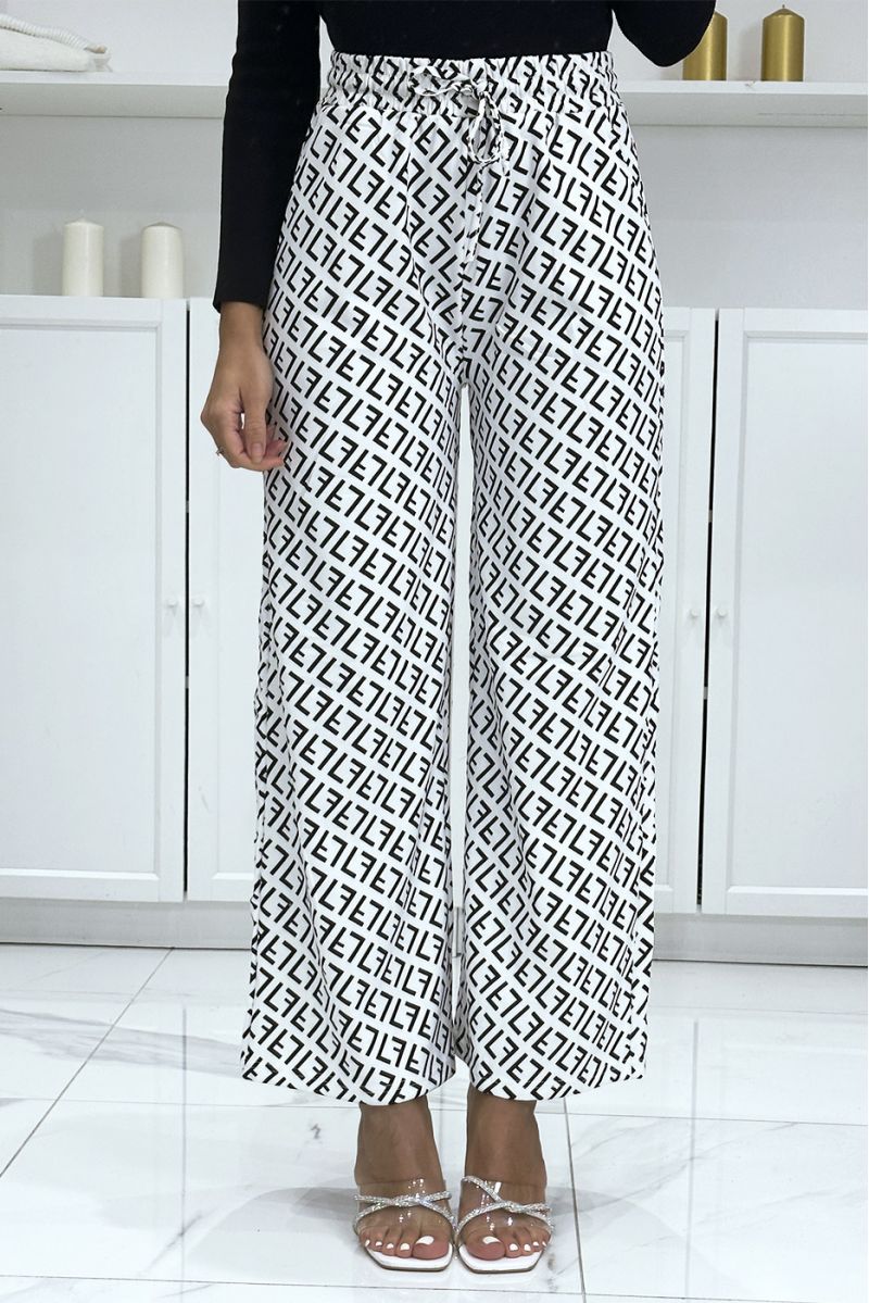 Pantalon palazzo motif F blanc et noir inspiration de marque - 2