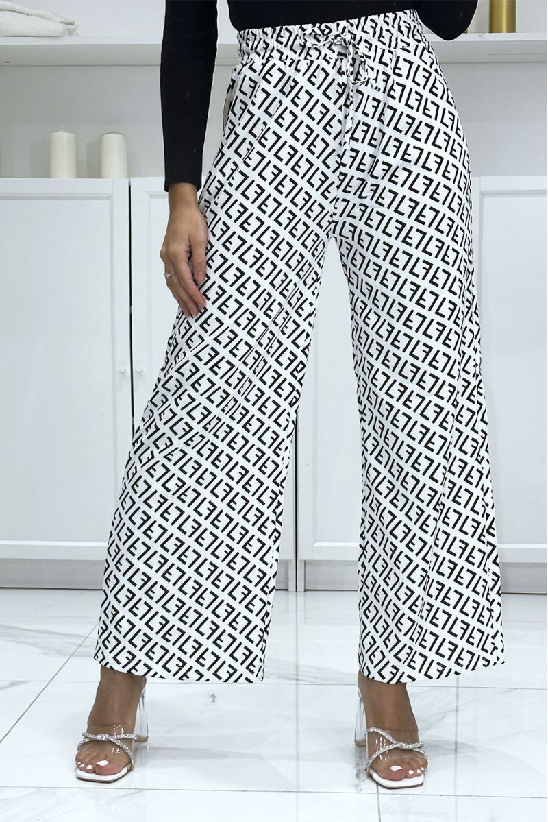 Pantalon palazzo motif F blanc et noir inspiration de marque - 3