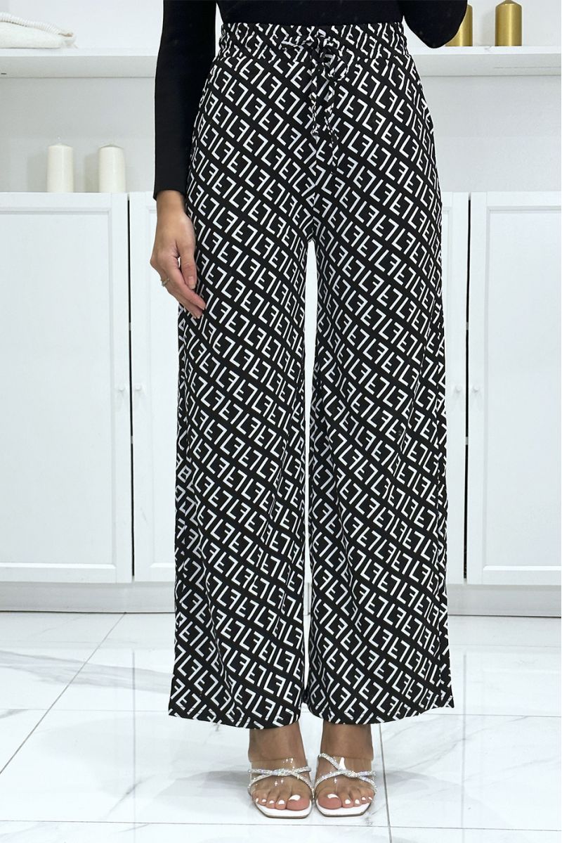 Brand inspired black and white F motif palazzo trousers - 2