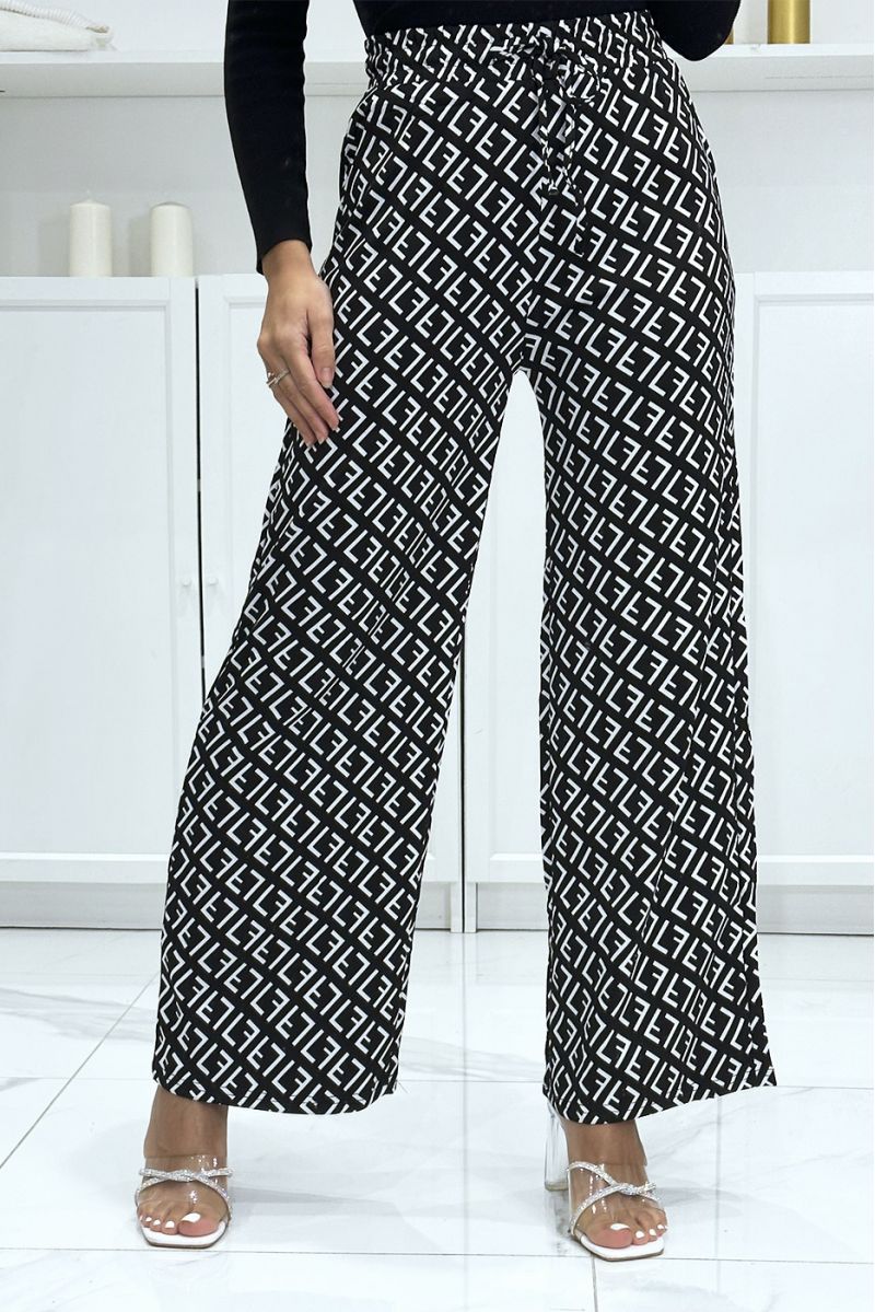 Brand inspired black and white F motif palazzo trousers - 3