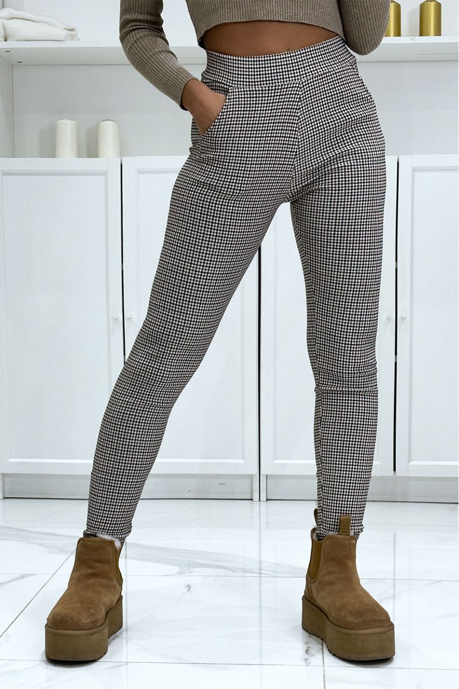 Camel check pattern slim pants with pockets - 3