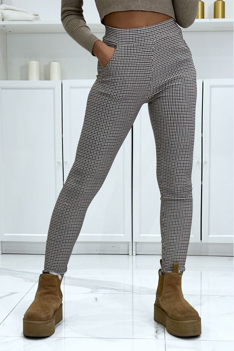 Pantalon slim motif carreaux camel avec poches - 3