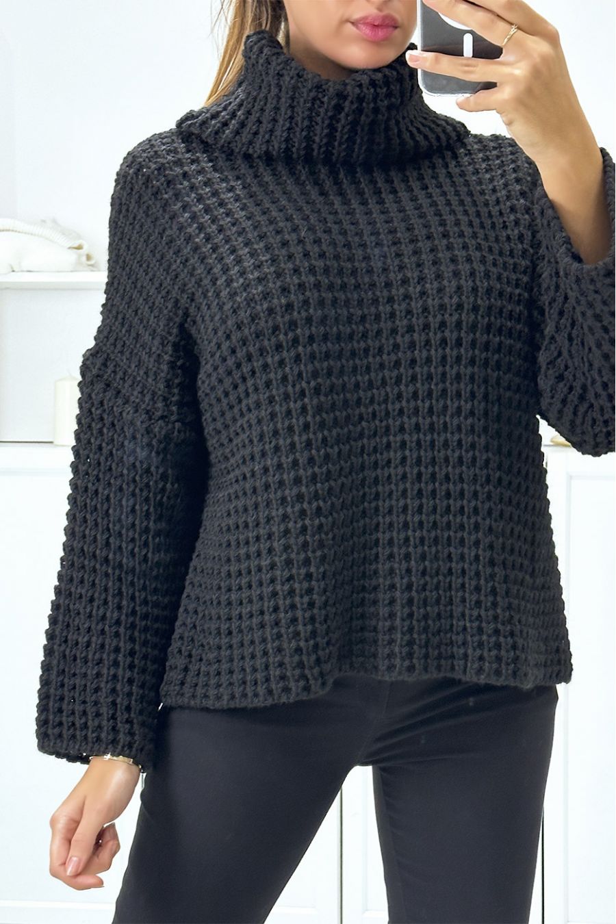 Pull noir grosse maille col roulé tombant  - 2